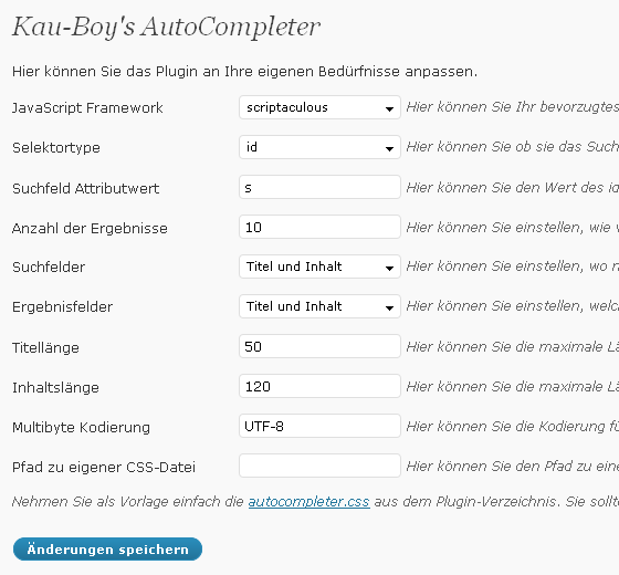 Screenshot der Einstellungsseite (auch in englisch erhältlich) Screenshot der Einstellungsseite