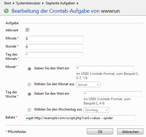 Bearbeitung der Crontab-Aufgabe von wwwrun Bearbeitung der Crontab-Aufgabe
