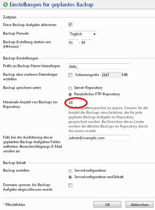 Maximale Anzahl von Backups im Repository begrenzen