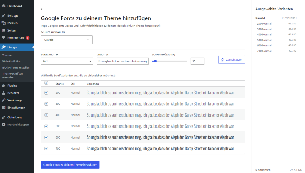 Screenshot der "Google Fonts zu deinem Theme hinzufügen" Ansicht mit allen verfügbaren Varianten.