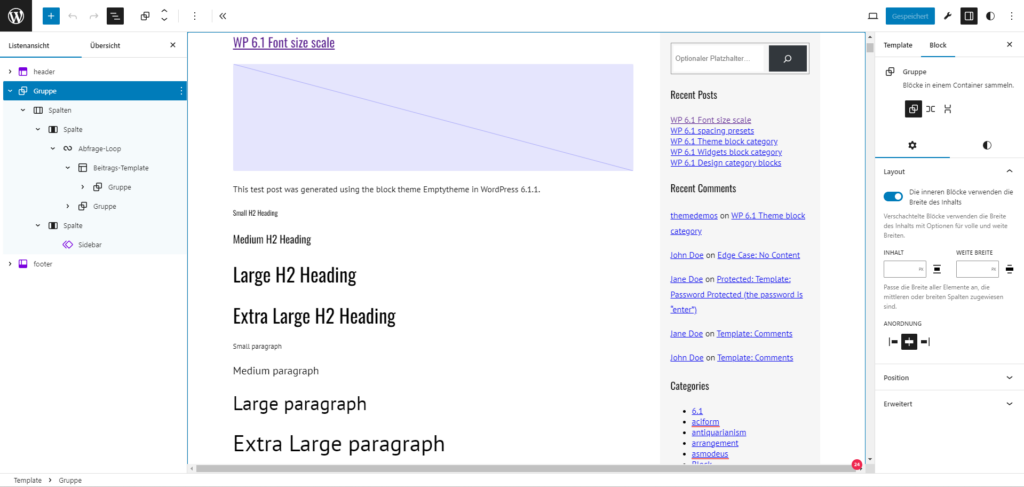 Screenshot des "Index" Templates mit der "Listenansicht", die den "Abfrage-Loop" in der linken und die "Sidebar" Vorlage in der rechten Spalte enthält.