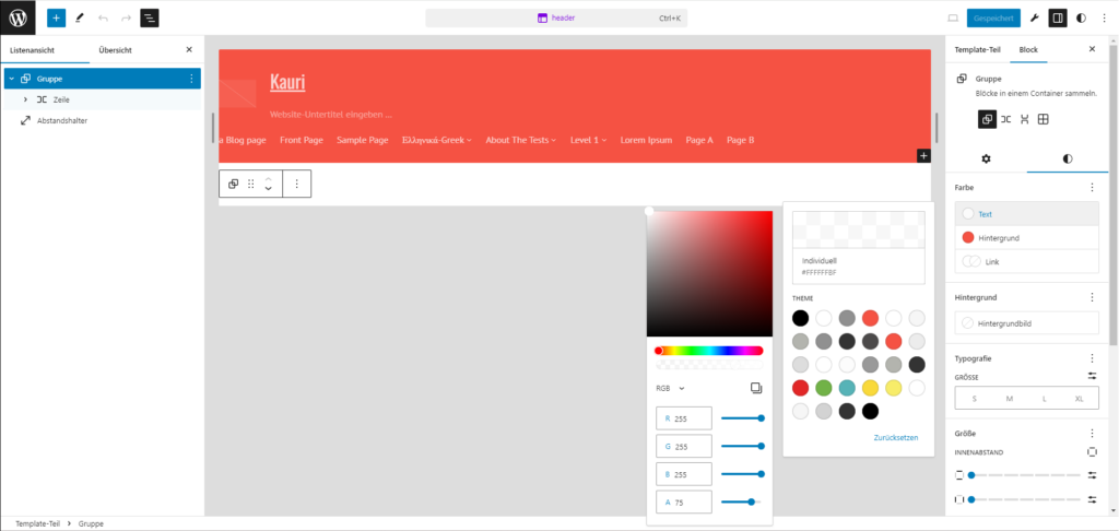 Screenshot des Website-Editors mit dem geöffneten "header" Templates, in dem die Farben für den ersten Gruppen-Block wie beschrieben gesetzt wurden.