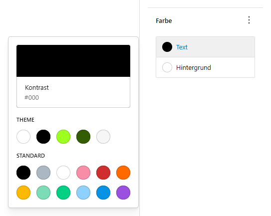 PanelColorSettings zeigt das Fenster zur Auswahl einer Farbe, mit den Farben aus dem Theme und den Standardfarben auf der linken Seite und den Einstellungen für „Text“ und „Hintergrund“ auf der rechten Seite.