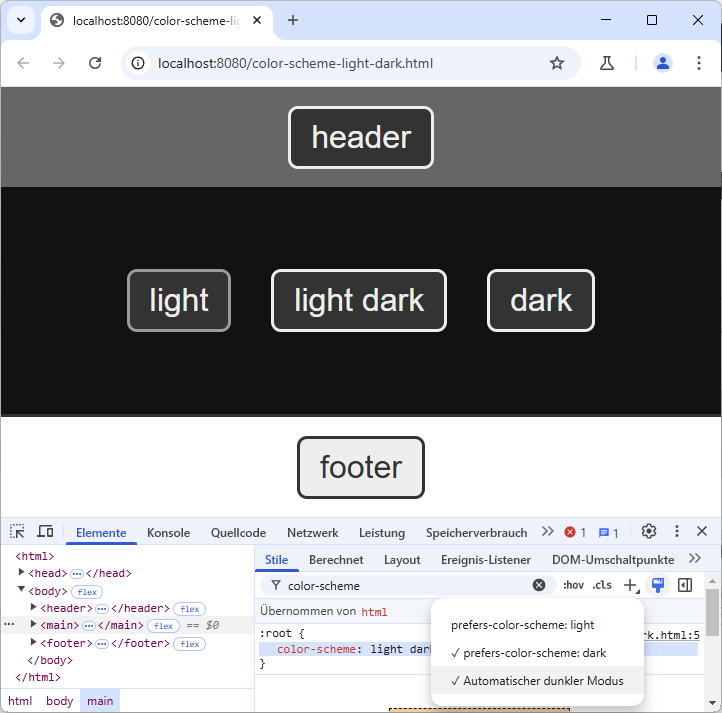 Chrome mit „Automatischer dunkler Modus“ zeigt dunkle Buttons in der Kopfzeile, in der Mitte und rechts, und helle Buttons in der Fußzeile an. Der button auf der linken Seite hat einen Dark-Mode mit einer anderen Rahmenfarbe (dunkler).