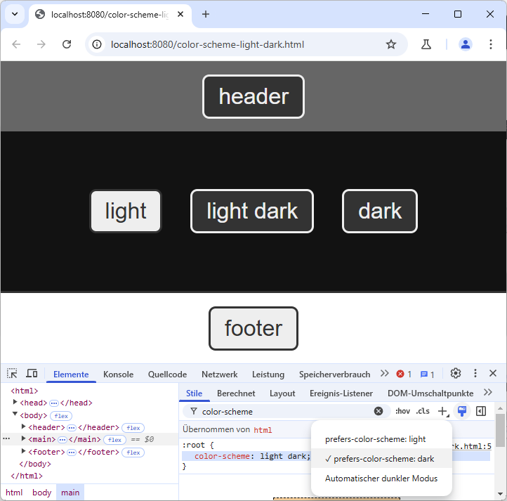 Chrome mit „prefers-color-scheme: dark“ zeigt dunkle Buttons in der Kopfzeile, in der Mitte und auf der rechten Seite an und helle Buttons auf der linken Seite und in der Fußzeile.