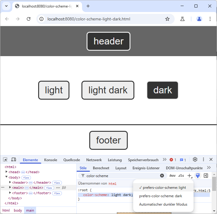 Chrome mit „prefers-color-scheme: light“ zeigt dunkle Buttons in der Kopfzeile und auf der rechten Seite und helle Buttons auf der linken Seite, in der Mitte und in der Fußzeile an.