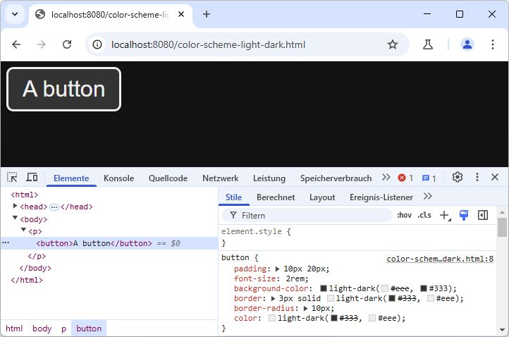 Chrome mit geöffneten Entwicklertools, fokussiert auf einen Button. In den „Styles“ visualisiert die Funktion „light-dark()“ die beiden Farben. Es wird der Dark-Mode simuliert.