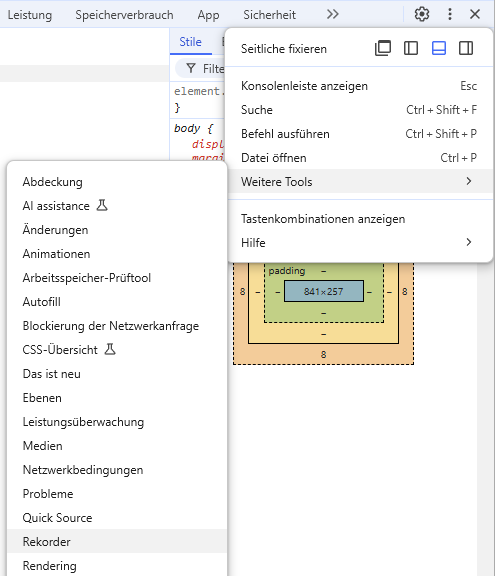 Screenshot, wie man die "Weitere Tools > Rekorder" Einstellungen öffnet.