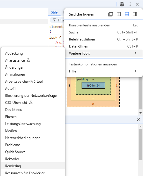 Screenshot, wie man die "Weitere Tools > Rendering" Einstellungen öffnet.