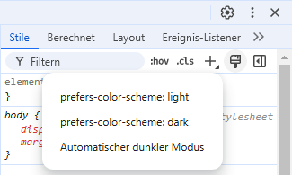 Screenshot des geöffneten Umschalters für die "prefers-color-scheme" Einstellung.