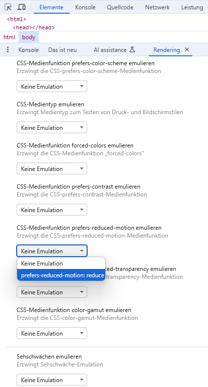 Screenshot mit den diversen Rendering Einstellungen und der "prefers-reduced-motion" Einstellung geöffnet.