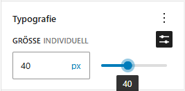 Die „Typografie“-Einstellungen für die Schriftgröße eines Absatzblocks, mit einer Zahleneingabe auf der linken Seite und einer Bereichseingabe auf der rechten Seite, mit dem numerischen Wert in einem Tooltip darunter.