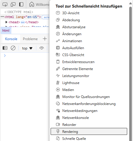 Screenshot des geöffneten "Tools zur Schnellansicht hinzufügen" Panels in Edge.