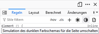 Screenshots des Buttons zur Simulation des dunkeln Farbschemas in Firefox.