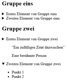 Zwei details Akkordeongruppen mit einem Zitat zwischen den Elementen der zweiten Gruppe, die eine ungeordnete Liste als Inhalt des zweiten details Elements hat.