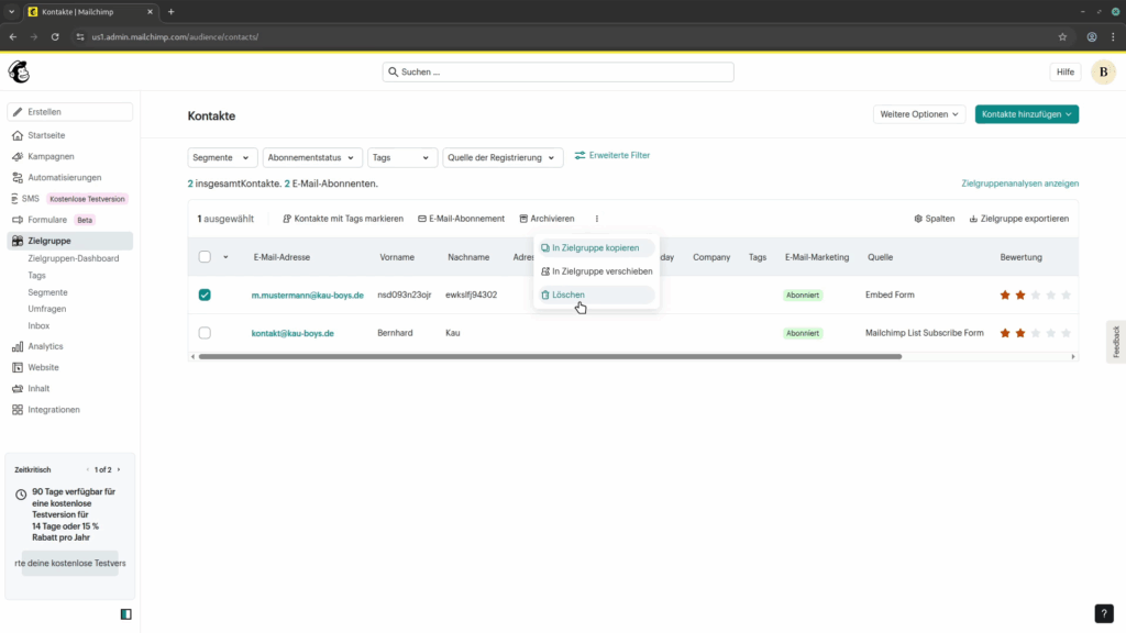 Das Zielgruppe-Panel im Mailchimp-Backend mit einem ausgewählten Kontakt und der Option „Löschen” aus dem Dropdown-Menü.